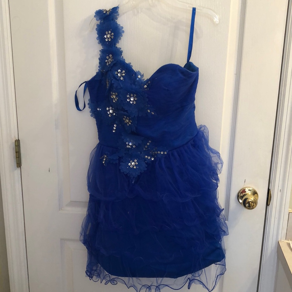 Royal Blue Floral One-Shoulder Homecoming Formal Dress